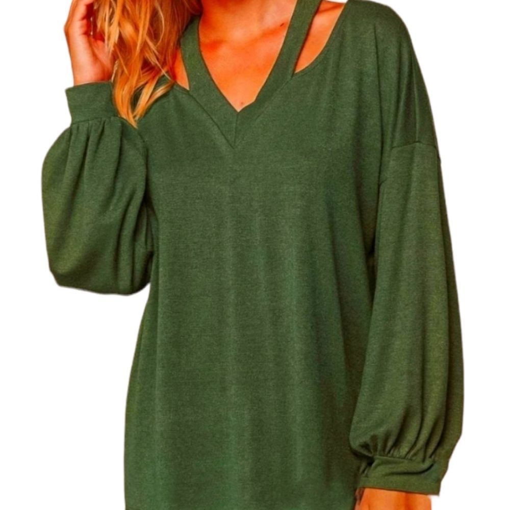 Olive V-Neck Cut Out Cashmere Feel Loose Fit Top
